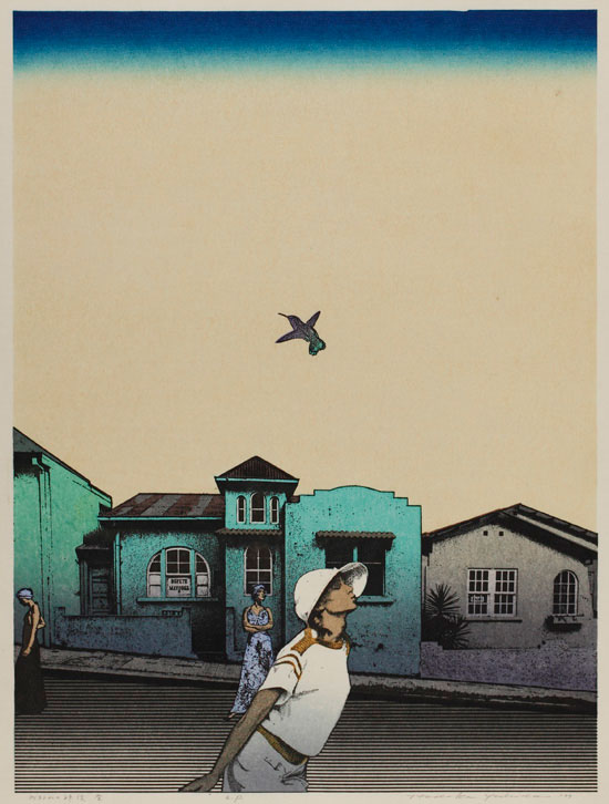 《町外れの神話、昼》　1977年　亜鉛凸版・木版、紙　58.8×43.8cm　町田市立国際版画美術館蔵