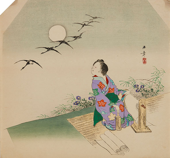 団扇絵〈砧打つ女〉川端玉章　木版多色摺