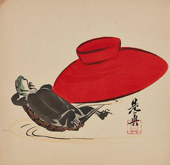 団扇絵〈酔後の亀〉柴田是真　木版多色摺
