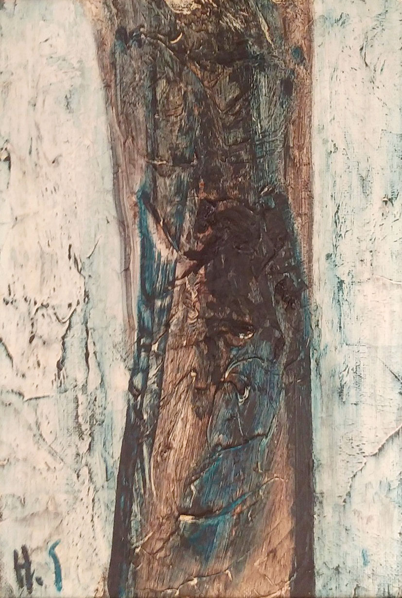 《青い樹（仮題）》 39×32 cm / 年代不詳 / 三鷹市蔵 《樹（一）》 162×130cm / 1961年 / 山形美術館蔵《花》 162×130 cm / 1975年 / 山形美術館蔵 会